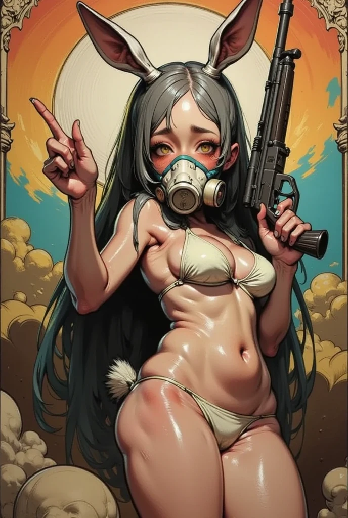  rough brushwork in oil painting  、(  best quality ),(masterpiece:1.2), ( colorful :0.9),  woman wearing a full-faced rubber gas mask in a rabbit costume、 、 assault rifle  、I'm wearing a full-face rubber gas mask with  、 gun pointed at the viewer 、Girl in underwear
