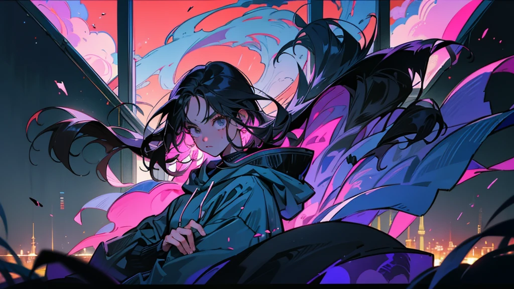 80s anime style, focusing on a single character: a beautiful adult woman with long, straight black hair, dressed in a trendy hoodie. She stands alone in a dimly lit room bathed in soft moonlight, with the vibrant Tokyo cityscape visible outside the window. The scene is crafted to evoke a dramatic and cinematic atmosphere, emphasizing her elegance and introspective mood