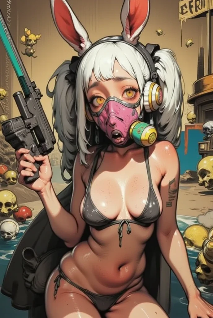  rough brushwork in oil painting  、(  best quality ),(masterpiece:1.2), ( colorful :0.9),  woman wearing a full-faced rubber gas mask in a rabbit costume、 、 assault rifle  、I'm wearing a full-face rubber gas mask with  、 gun pointed at the viewer 、Girl in underwear
