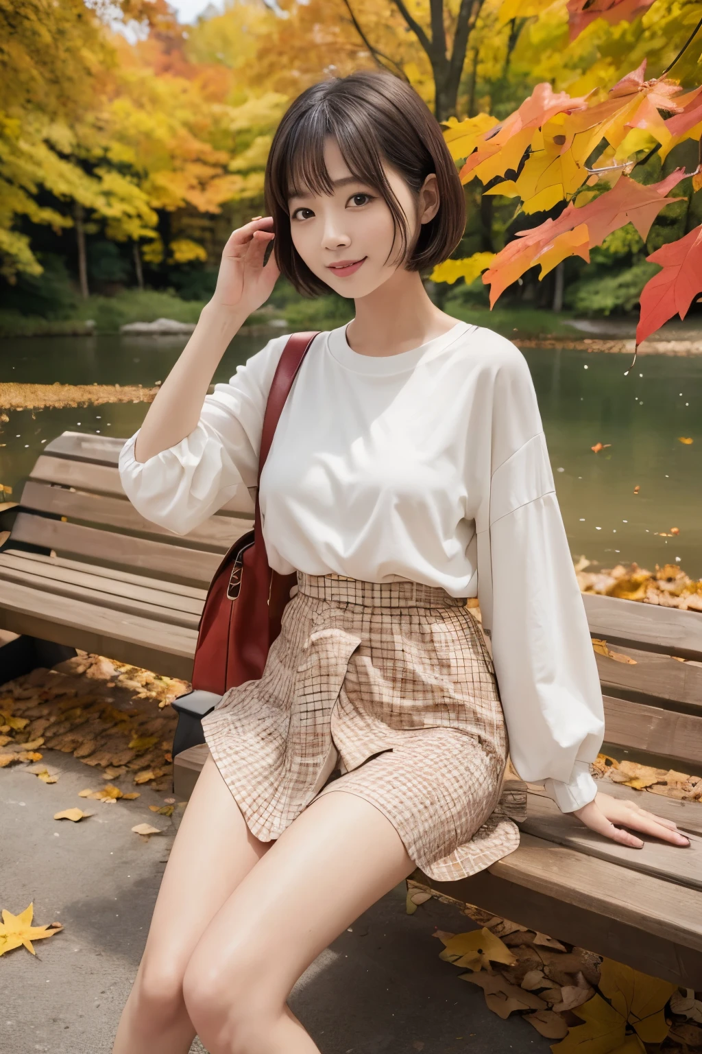 Araffe woman sitting on a bench in a park with a red purse - SeaArt AI