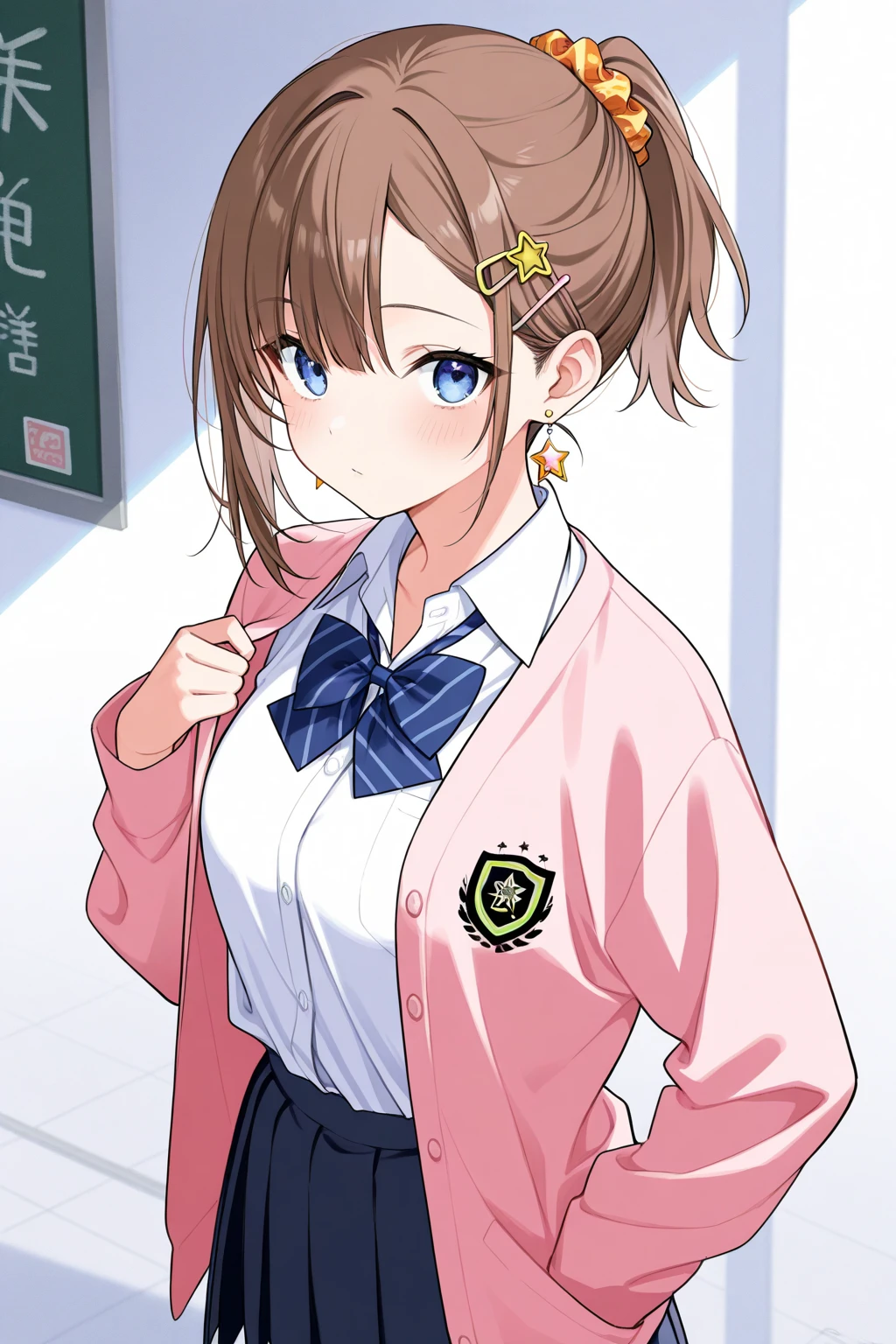 High image quality
 Female High School、Blue Eyes、 brown hair、 short ponytail 、 asymmetrical bangs , 、front、 school uniform、Simple eyes、solo, whole body、Background white、Standing、Fancy earrings、Gal、star shaped hairpin 、Scrunchie、 short skirt