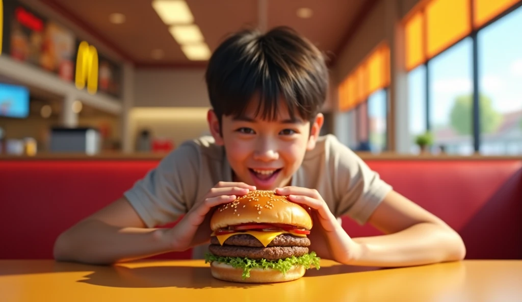 Chubby boy advertising some product while eating hamburger