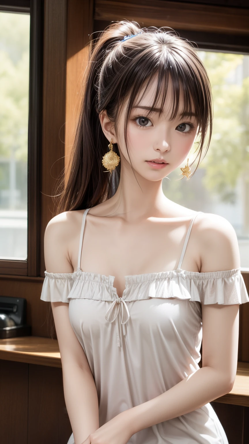 （Very delicate and beautiful：1.2）Supermodel,,Big Breasts,Beautiful breasts,thin waist、Small Ass、Sensual,【Bike Shorts】,,【Three Girls】,,highest quality, High resolution, 8k,, Crisp details, White dress、21 years old、smile、Slender figure、Black Hair、Long Hair、bangs