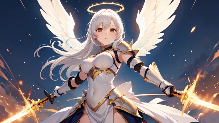 ((4K, masutepiece , Best Quality )), Maximum Kit,  conservatively dressed 1 girl ,  alone, whole body, Wide-angle shooting, Holding a sword down , White hair, Long hair, armor, Angel,  White, Good website , From the front,  Angel Halo,  dazzling gold and orange sparks,  extra sized body , night, Monte, Check out viewr