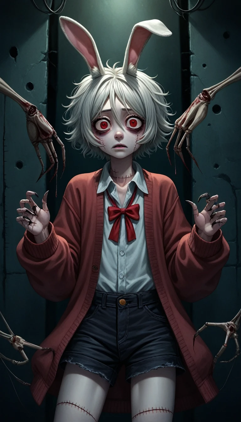 score_9, score_8_up, score_7_up,1boy, cream hair, white hair, pearl hair, lovely boy, rabbit ears, loose clothing, oversized clothing, dark red eyes, eye bags, dark circles under eyes, yami kawaii, fluffy hair, voluminous hair, skinny, slim, very skinny, androgynous, cute, creepy, short hair, horror, washed out colours, white skin, creepy, unnaturally thin, starving, eyes, eyes in background, sharp eyes, long eyelashes, under lashes, loose shorts, lace shirt, ruffled shirt, bow around neck, detailed clothing, loose cardigan, open cardigan, dripping blood, horrific, nightmare, haunted, stitches, patchwork, strings, injuries, hell, injuries on arms, self harm, cuts, black fingers, factory, abandoned, falling apart