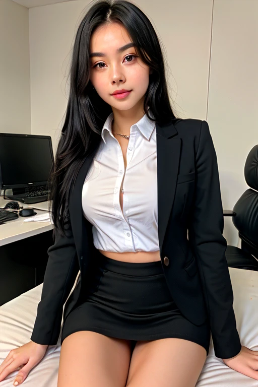 (8k, RAW photos, top quality, masterpiece: 1.2,(Best quality, 8k, 32k, Masterpiece, UHD:1.2), 1girl, narrow waist, white suit, black shirt, suit, pants, from front, sitting on desk, office room, (stick out one's buttocks:1.2),