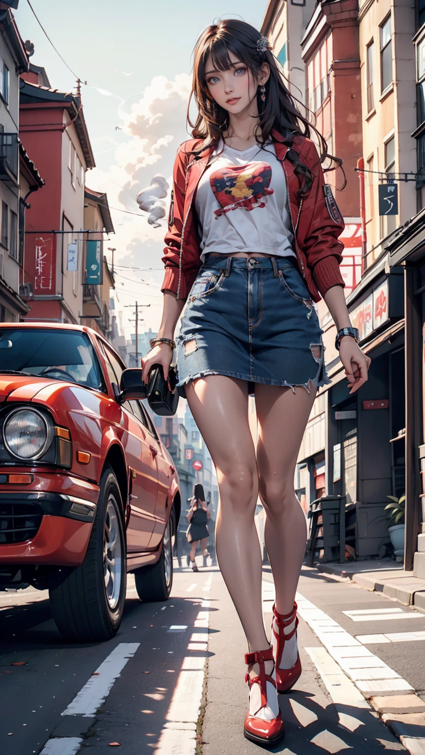 Fantastic flow of beautiful women walking down the street, 太陽に照らされたピンクのTシャツand色あせたブルージーンズ, A red car running in the background, and、キラキラand輝く世界.  