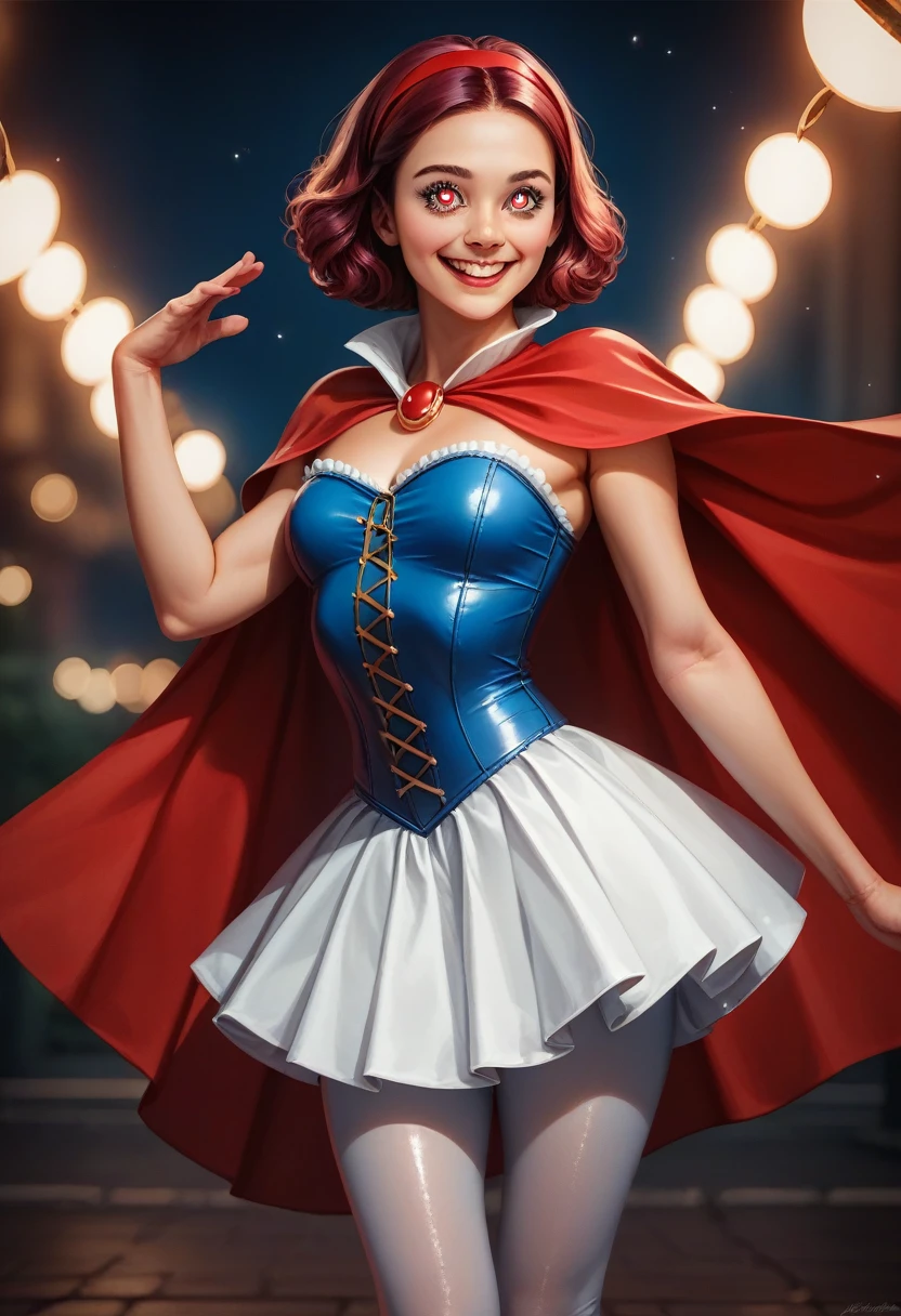  shiny maroon hair ,  short hair, ( Brown Pretty Eyes 、 Sparkling Eyes, fine grain)、smile、  super detail eyes  、  very detailed face holding 1  ,  lights ,  one girl is playing a prank , there is nothing,  best quality,Alone、 , Snow White Style , Blue silk corset, Red silk cape,  Yellow Silk Pleated Skater Skirt, Silk leggings, , Red Hairband, masterpiece, photoRealistic, Amazingly detailed face, Maximum resolution,  happy  ,  dynamic poses, , Realistic, Volume off  , , satin, Shiny clothes ,  sexy pose ,