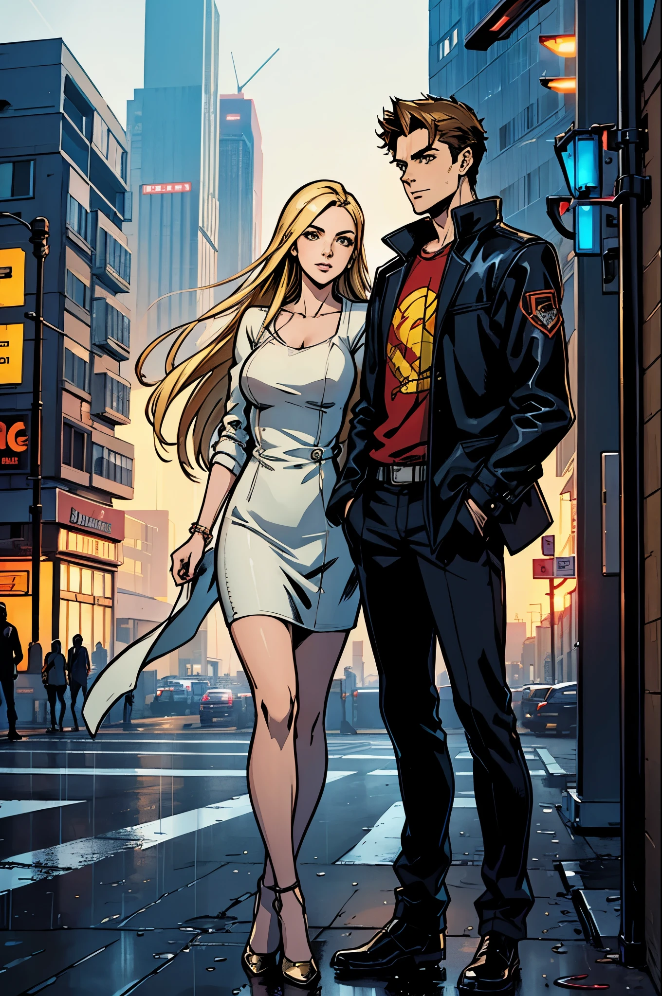 An attractive young adult couple standing together in a futuristic Downtown, rain, golden hour, chaos in the streets, flying cars, 35mm, comic book
