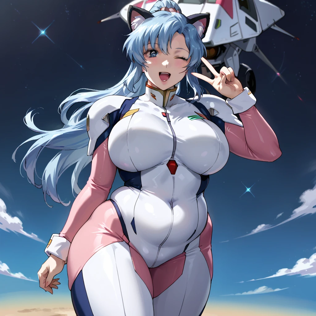 score_9, score_8_up, score_7_up,source_anime,BREAK, gundam_seed, 1girl, She has very long light blue hair ponytail, bright blue eyes, pink (mechanical cat ears), pink bows. she is (FAT) and chubby, with large breasts, a (plump tummy), wide waist, thick arms, wearing a pink pilot suit, on a space ship, confident, proud, happy, peace sign, wink, masterpiece,best quality,amazing quality, skindentation 