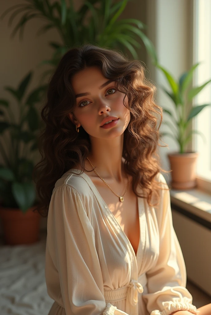 bloom, Lens Reflection, (8K, Raw, professional, best quality, masterpiece: 1.2), (Practical, photoPractical: 1.37), Extremely detailed, (25mm Wide Angle Portrait), (The most delicate skin: 1.2), Very rich facial details, light, 1 Girl, curly dark hair, (windy), Stand on the couch, dark light, Looking at the camera, Large Breasts, Black and red shirt