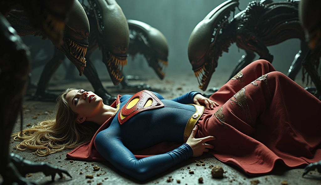 Supergirl with a torn costume showing her  lying on the floor, , injured and with xenomorphs around her