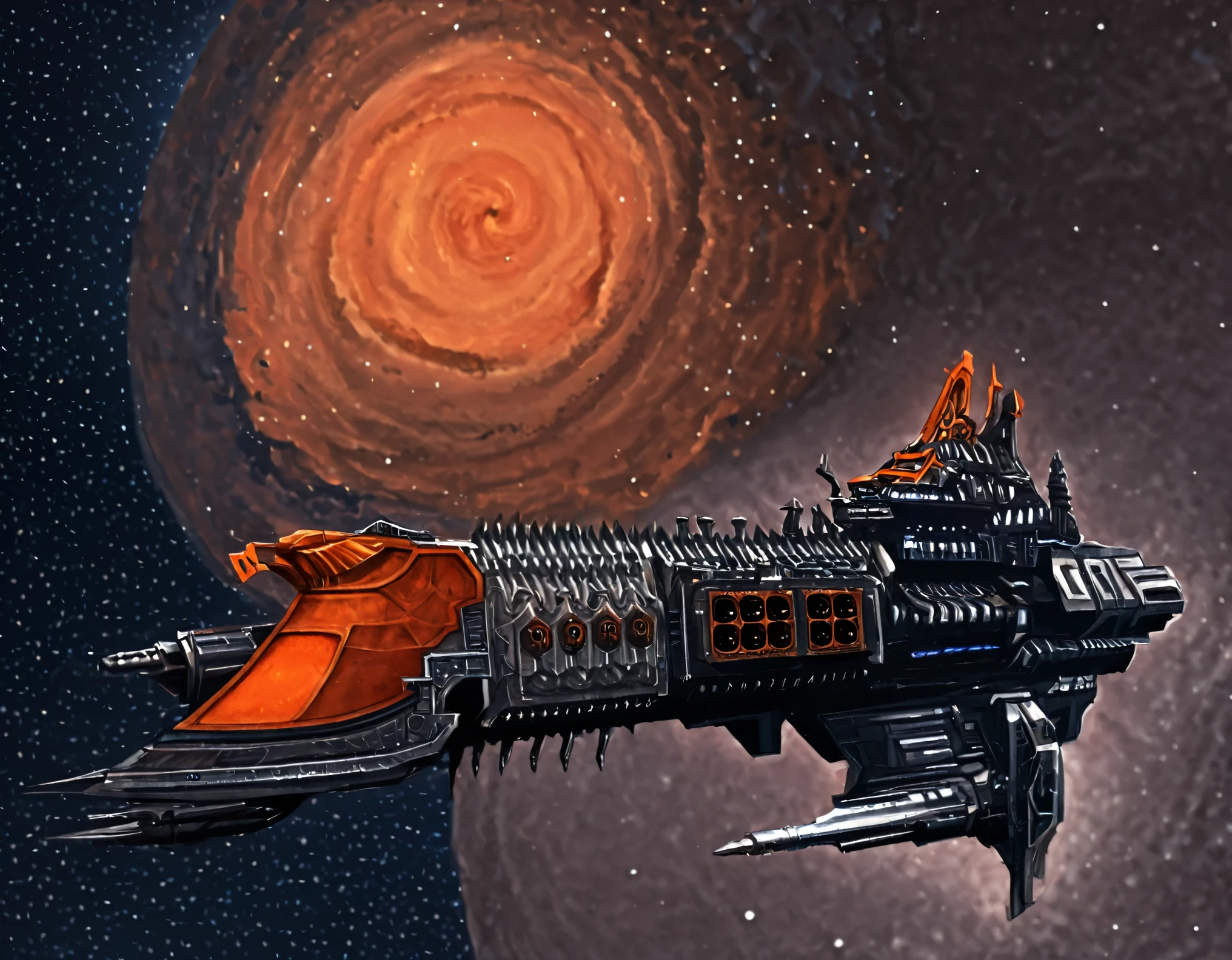 japanese rpg concept art style,digital painting,digital illustration,a dark orange impstarship ship with a cathedral on top in front of a twisted nebula,in outer space,solo,side view,heavy armor, 