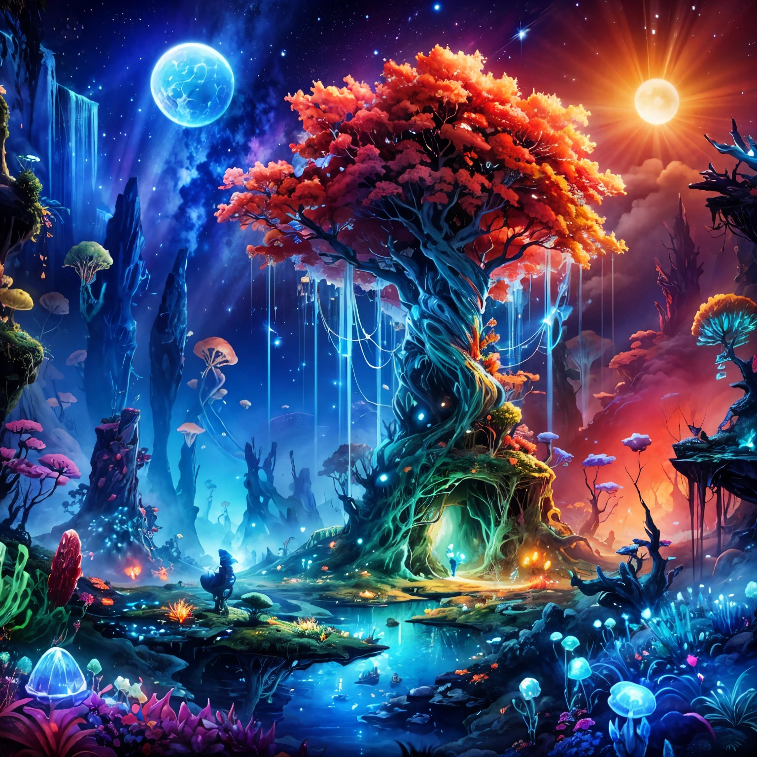 Ori and the Dark Forest game style,Super detailed, Alien Landscape, Strange trees々, Vivid red grass, Blue cactus,Green aurora, (Drifting jellyfish),Orange starry sky,  shooting stars,Natural giant crystal pillars,Fantastic blue leaves, Giant yellow luminous mushrooms, Attractive lava lines, Unique hybrid flowers, Two shining suns, And enchanting red fireflies.