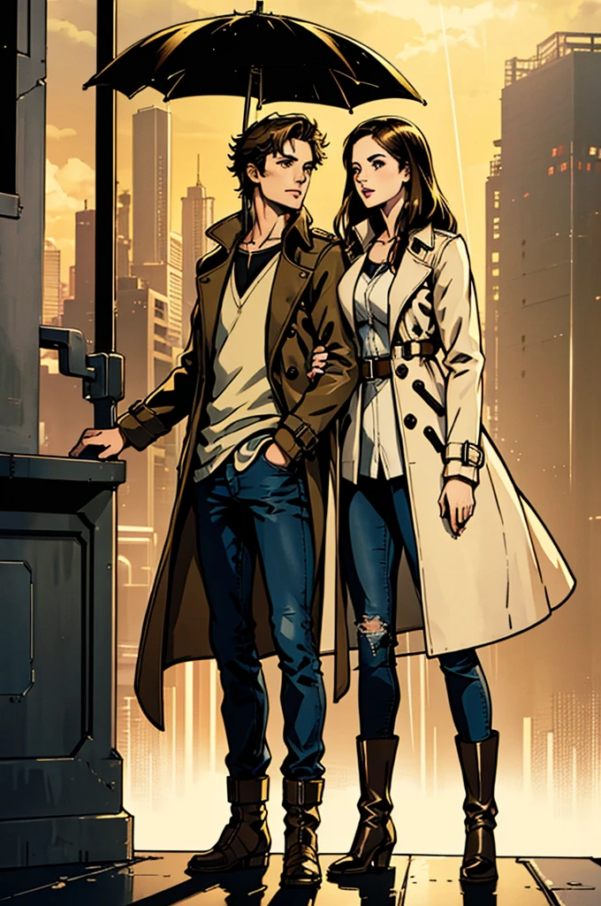 An attractive young brunette couple holding each other in a futuristic city, wearing trench coats, jeans, boots, raining, golden hour, 35mm film
