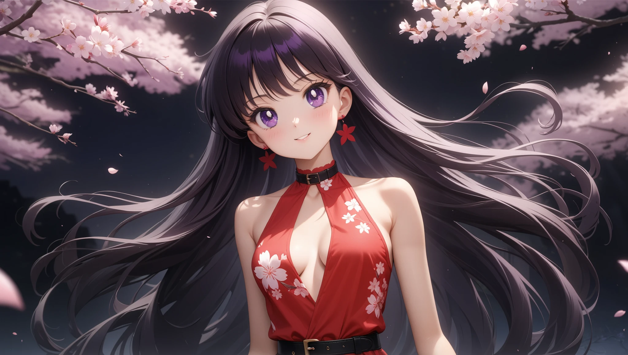 colorful, (masterpiece, best quality, very aesthetic , ultra detailed), intriguing details , 4K, long hair, black hair, hair combed to the side, earrings, purple eyes, small breast, 1girl, usagi's birthday, cute red dress with neck, white cherry blossoms printed, smile, black belt, detailed background, intricate details, black night, Various sexy poses, Depicts the whole body