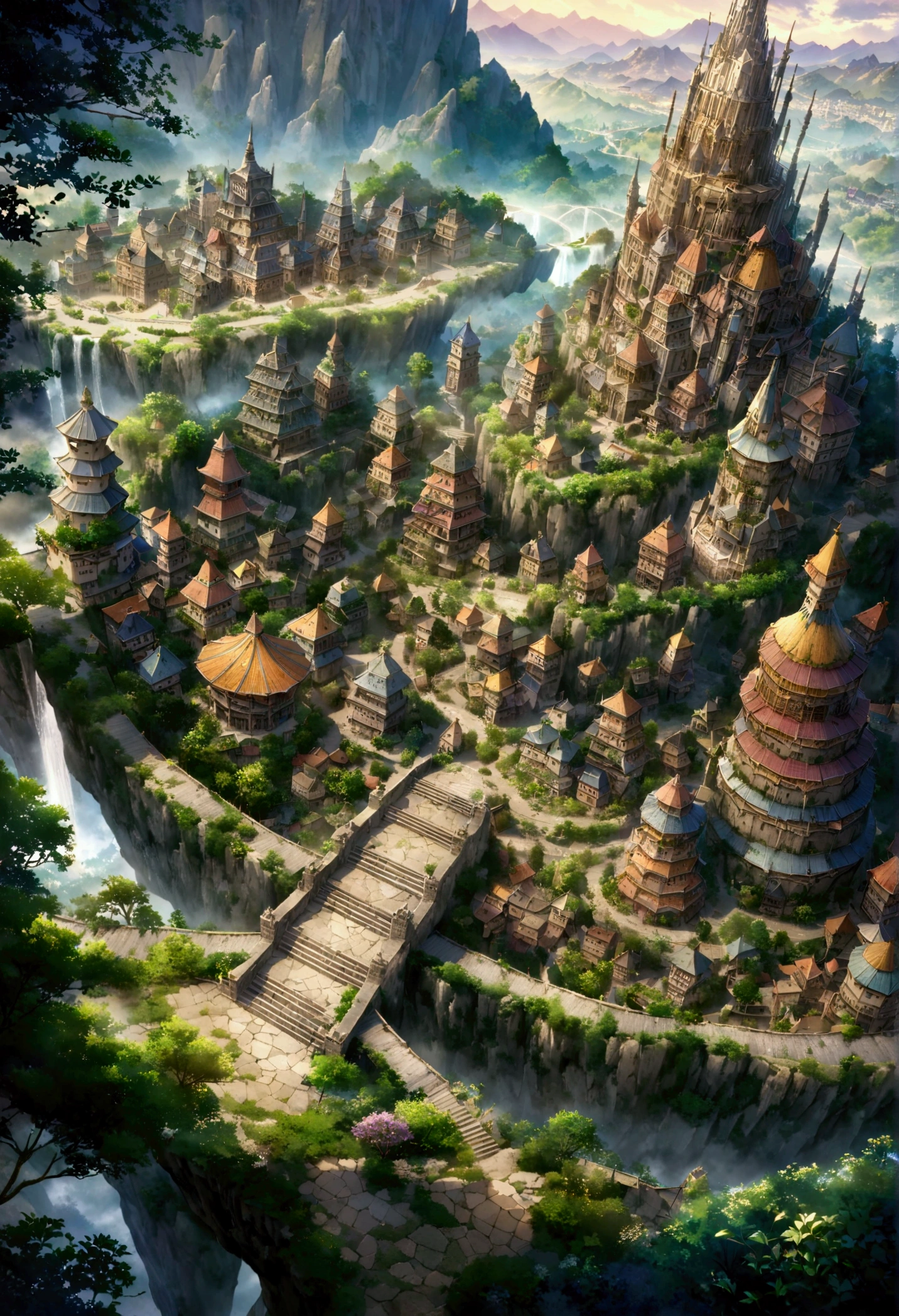 Highly detailed anime-style still images, Ghibli studio style , masterpiece,  Official Art, Professional, ((Super detailed)), 8k, ((Don&#39;t show it to anyone)), Arabesque pattern, Huge, Rugged Mountain. The mountains are rough々It should have a clean and dignified appearance., Intricate paths and structures carved into the rock face. Unique in the city, Surrealistic designs that are impossible in reality. Include elements such as the Twisted Tower, Floating Platform, Unusual bridge. Architecture must be imaginative and otherworldly, Buildings with intricate details and ornate designs. The city is surrounded by lush greenery and small waterfalls.. Softly illuminate the scene, An otherworldly light that heightens the sense of wonder and mystery. Add Distant, Place a fantastical structure in the background、Creates depth and a dreamlike atmosphere