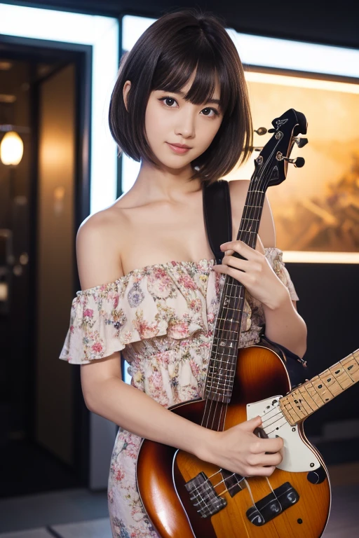 top-quality、masterpiece、超A high resolution、(Photorealsitic:1.4)、Raw photo、1girl in, bob cuts, electric guitars, solofocus, (depth of fields, Ambient lighting, Blurred foreground, blurry backround:1.3), Atmosphere, Light flare, intricate detailes, enhanced lighting、Two arms