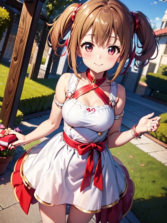  Hi-Res,  best quality,   super quality ,3D Images,silica、 standing 、garden, ( hold a heart-shaped box in her hand), giftを持参する, I'll give it to you _gift, ( anime girl), cute  anime girl, Girl in Love, Absolute reference to the center、Outstretched hands holding a gift