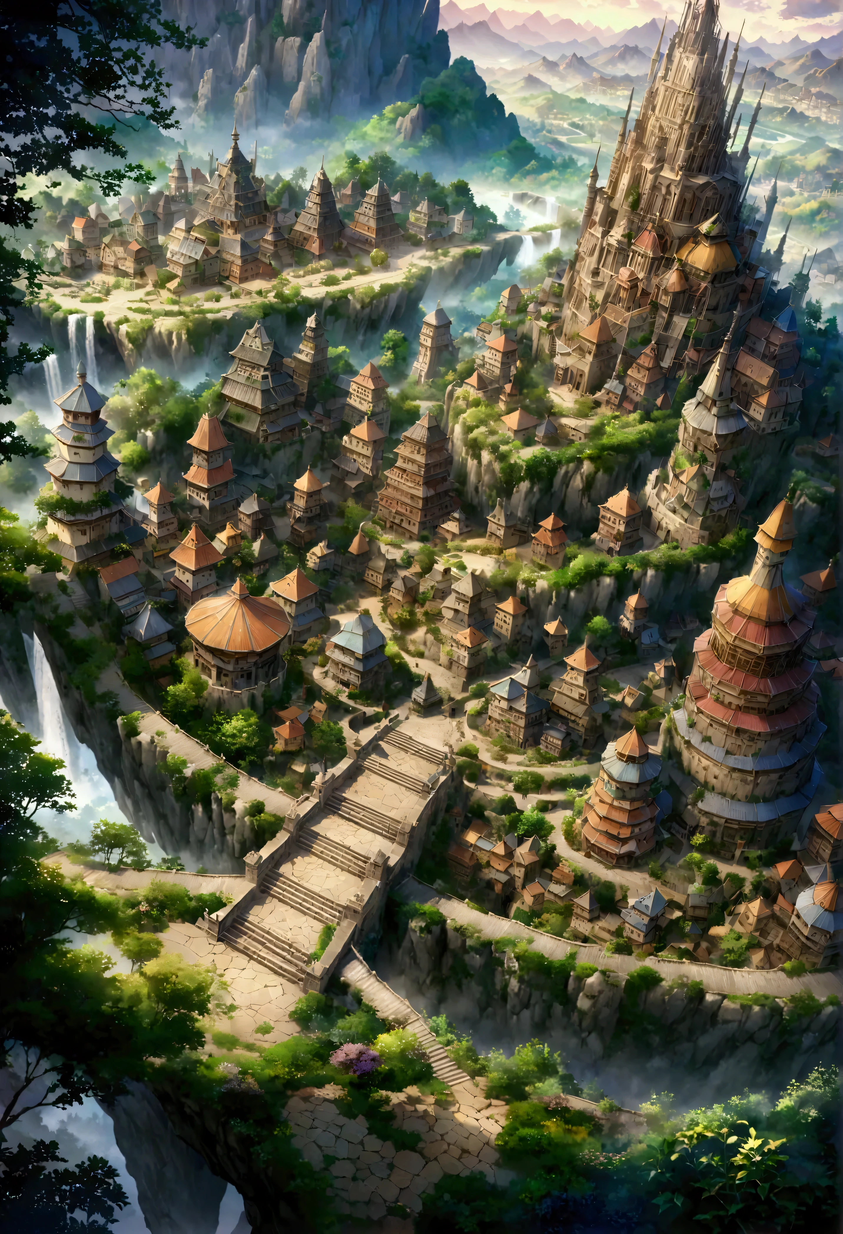 Highly detailed anime-style still images, Ghibli studio style , masterpiece,  Official Art, Professional, ((Super detailed)), 8k, ((Don&#39;t show it to anyone)), Arabesque pattern, Huge, Rugged Mountain. The mountains are rough々It should have a clean and dignified appearance., Intricate paths and structures carved into the rock face. Unique in the city, Surrealistic designs that are impossible in reality. Include elements such as the Twisted Tower, Floating Platform, Unusual bridge. Architecture must be imaginative and otherworldly, Buildings with intricate details and ornate designs. The city is surrounded by lush greenery and small waterfalls.. Softly illuminate the scene, An otherworldly light that heightens the sense of wonder and mystery. Add Distant, Place a fantastical structure in the background、Creates depth and a dreamlike atmosphere