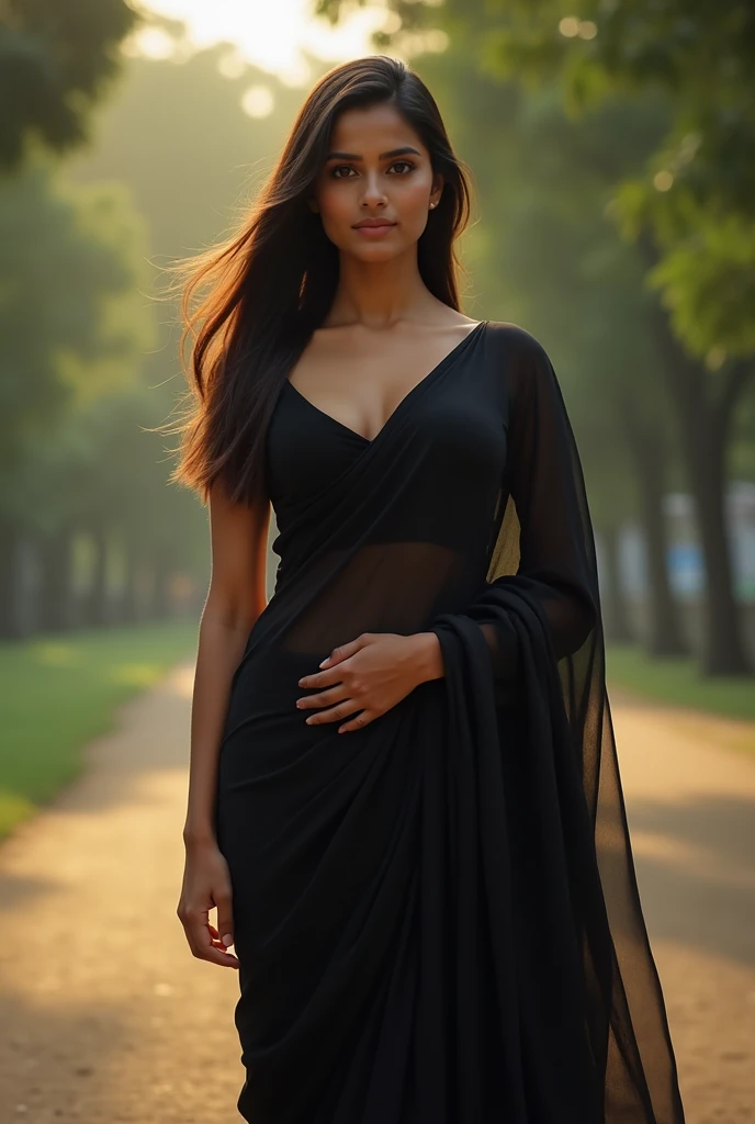 Create a realistic girl his wearing a Indian saree black colour his eye look beautiful and body posture stand in his hand wearing a braslet s name letter and background garden timing evening very beautiful looking
