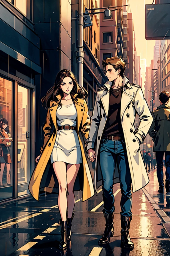 An attractive young brunette couple holding each other in a futuristic city, wearing trench coats, jeans, boots, raining, golden hour, 35mm film
