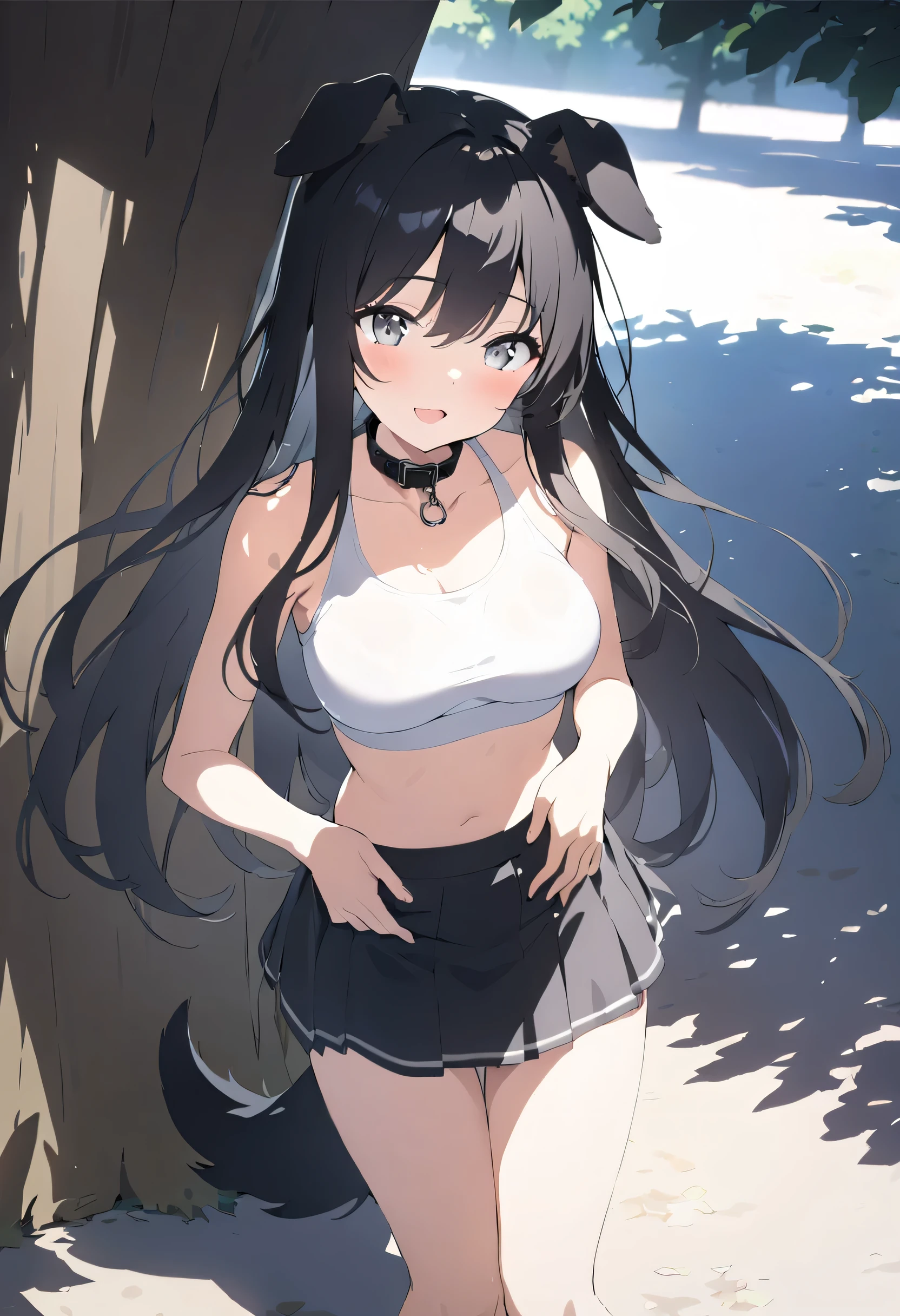 masterpiece, best quality, highres, aarurutie,1girl, white bra, white tight panties, white suspenders and stockings. standing, garden, smile, open mouth, Delta, long black hair, fox ears, black eyes, fox tails