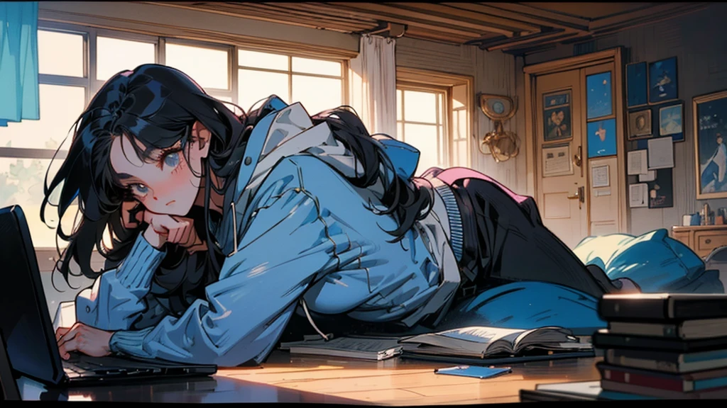 80s anime style, featuring a single character: a beautiful adult woman with long, straight black hair, dressed in a trendy hoodie. She is in a beautifully lit room with soft, natural morning light streaming in, engaging in her morning routine. The scene is designed to feel dramatic and cinematic, capturing a serene yet inspiring moment