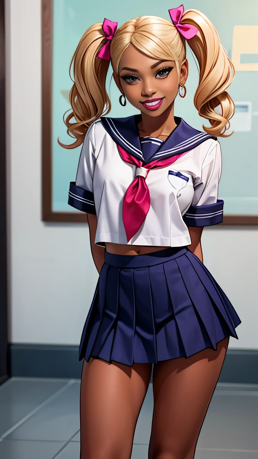 score_9,score_8_up,score_7_up,score_6_up,score_5_up,score_4_up,Looking at the viewer, moving body sideways, tilting head, arms behind back, dark skin, blonde hair, simple earrings, purple lipstick, twin tails, sailor uniform, pleated skirt, white loose socks, eyeliner, calling out, grinning, gal style, multiple friendship bracelets on arms, blurred background