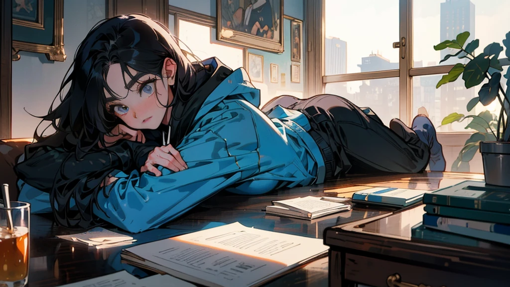 80s anime style, featuring a single character: a beautiful adult woman with long, straight black hair, dressed in a trendy hoodie. She is in a beautifully lit room with soft, natural morning light streaming in, engaging in her morning routine. The scene is designed to feel dramatic and cinematic, capturing a serene yet inspiring moment