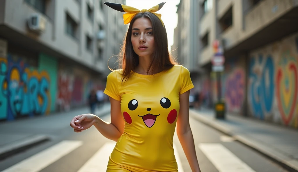 a beautiful woman an trendy style, attractive dancing movement in the middle of a city intersection, straight hair style with yellow hang band "Pikachu" style, extremely gigantic breasted (extremely gigantic up big_boobs, slim waist), wearing Stritch glossy yellow bodycon t-shirt dress with printed character face "Pikachu" cartoon , short skirt, perfect anatomy, backlite, graffiti city wall, bokeh, smooth nonlight effect, hyper realistic, HD 26K
