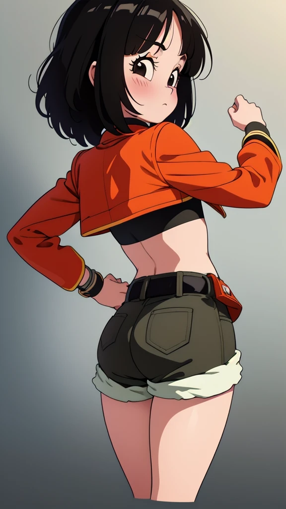 ( masterpiece,  hand on hip {x} best quality), 1fille, pan,1fille,Alone,cheveux courts,fringe, black hair,Orange band , belt,crop top,red jacket, crop removed,shorts verts,turtleneck, of the, back view, fesses, 13 ans 