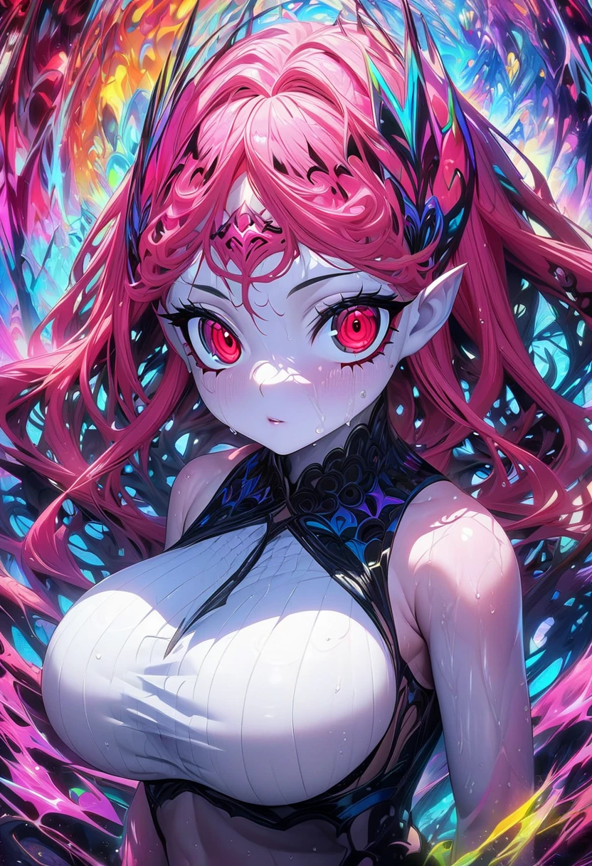 1girl, albino demon girl, (long devil horns) ,heavy makeup, earrings,candycore outfits,pastel aesthetic,Maximalism Pink Lolita Fashion, Clothes with kawaii prints inspired by Decora, cute pastel colors, Pastel Blue, ,beautiful red eyes , heart,,emo,kawaiitech,dollskill