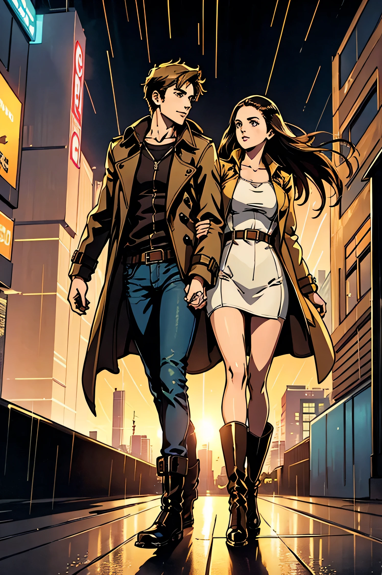 An attractive young brunette couple holding each other in a futuristic city, wearing trench coats, jeans, boots, raining, golden hour, 35mm film
