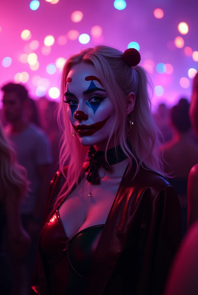 Portrait of Margot Robbie as clown at the crowdy party, wearing closed Black-Red clown suit, harley quinn style, her face is illuminated by neon lights, looks like harley quinn, violet color, he stands, model shooting style (extremely detailed CG unity 8k wallpaper), full frame photography of the most beautiful work of art in the world, professional, trending on ArtStation, trending on CGSociety, intricate, highly detailed, clear focus, dramatic, photorealistic painting by Midjourney and Greg Rutkowski