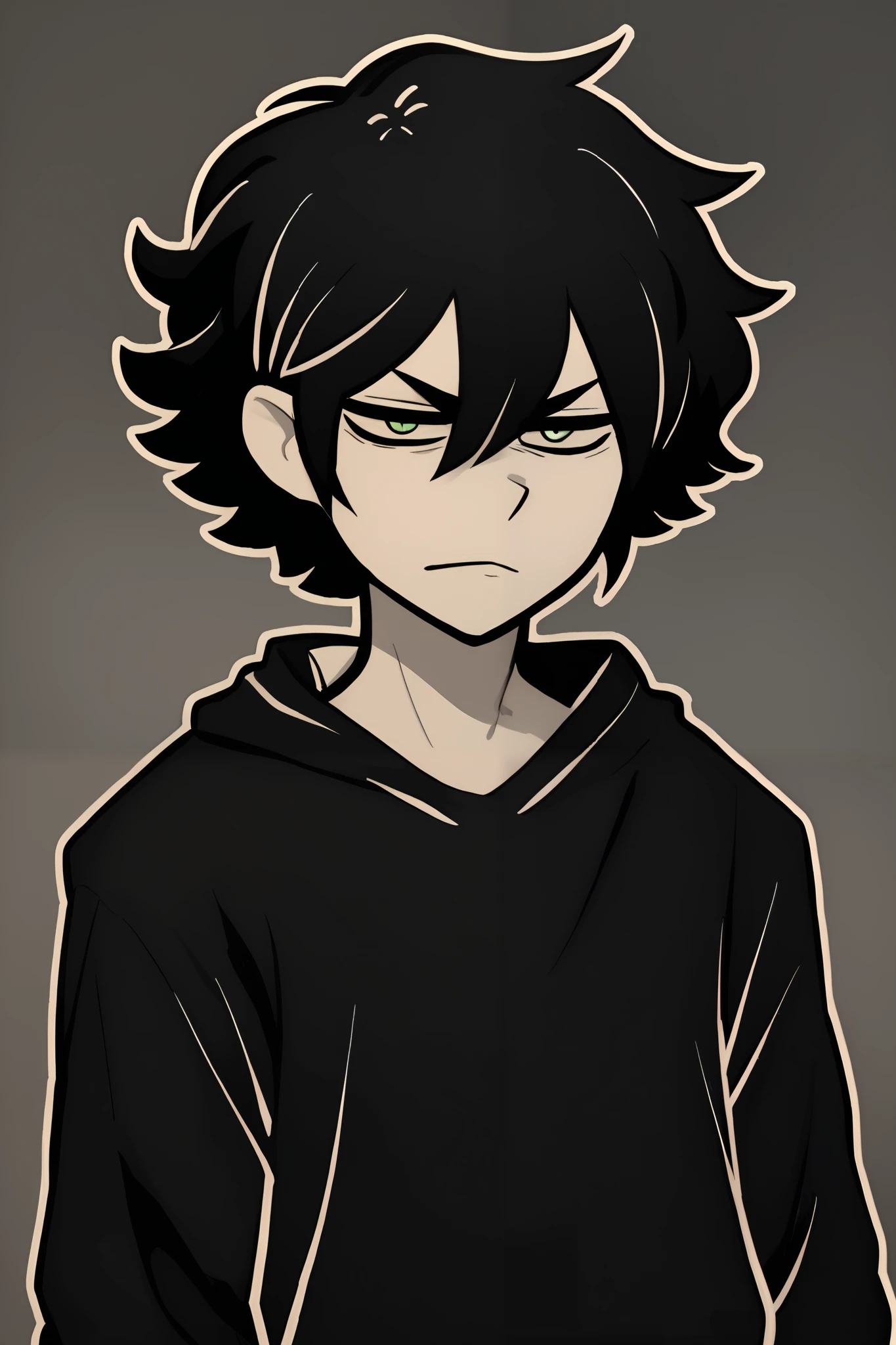 Anime Male, Black spiky and fluffy hair, black hoodie, serious expression undefined, Black eyes,