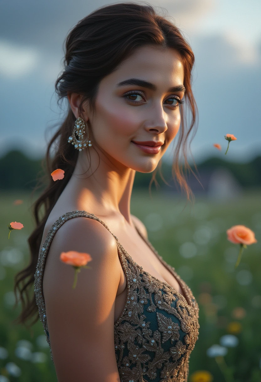 masterpiece, best quality, 1girl, (colorful),(finely detailed beautiful eyes and detailed face),cinematic lighting,bust shot,extremely detailed CG unity 8k wallpaper,,solo,smile,intricate skirt,((flying petal)),(Flowery meadow) sky, cloudy_sky, building, moonlight, moon, night, (dark theme:1.3), light, fantasy,pooja1