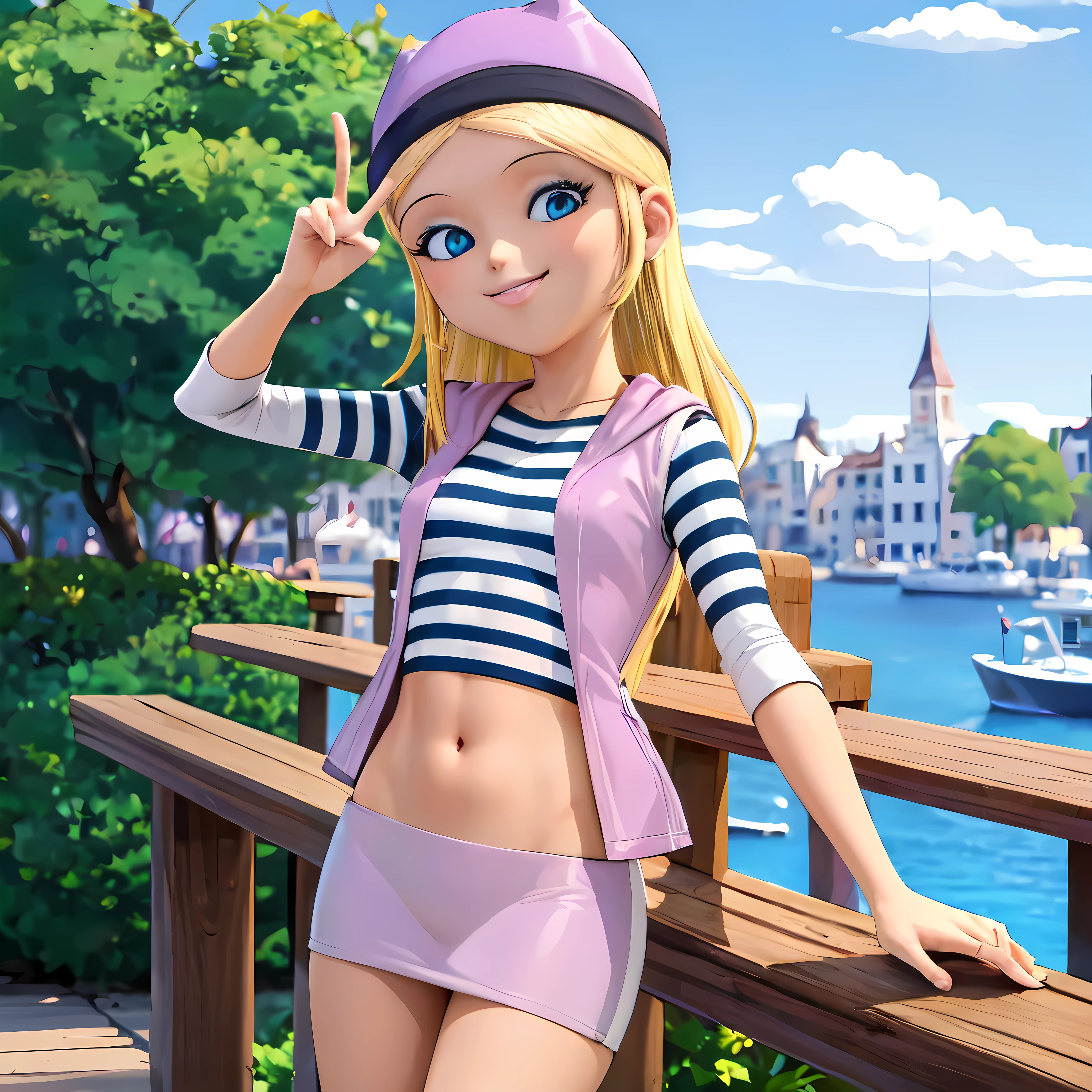 (8k, RAW photo, best quality, masterpiece:1.2), (intricate details), highres, perfect eyes, perfect face, perfect lighting, beautiful, (masterpiece:1.2), (best quality:1.2), 1girl, solo, chloe, blue eyes, blonde, sunglasses on the head, yellow beanie, yellow vest, white miniskirt, black white striped shirt, long yellow socks, navel shirt, medium size breast, peace sign. smiling, showing teeth