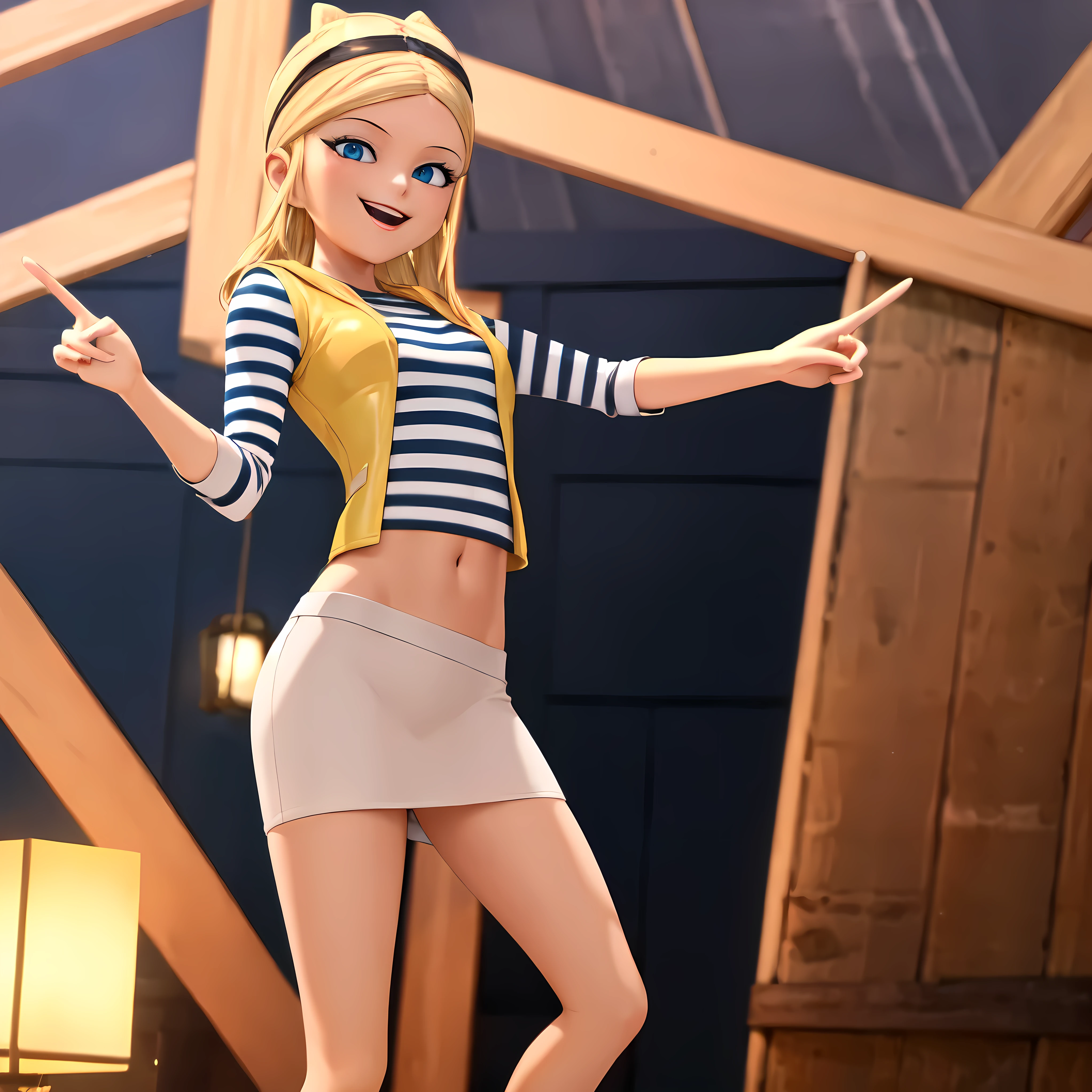 (8k, RAW photo, best quality, masterpiece:1.2), (intricate details), highres, perfect eyes, perfect face, perfect lighting, beautiful, (masterpiece:1.2), (best quality:1.2), 1girl, solo, chloe, blue eyes, blonde, sunglasses on the head, yellow beanie, yellow vest, white miniskirt, black white striped shirt, long yellow socks, navel shirt, medium size breast, peace sign. smiling, showing teeth
