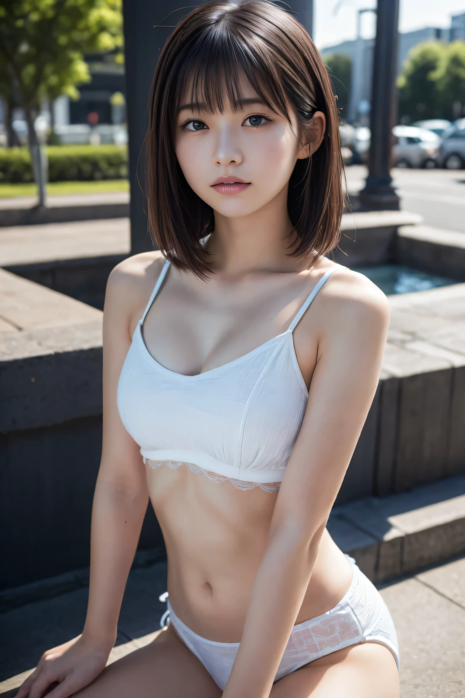 Busy Street、(underwear、White or pink、bikini、Full body description、M-shaped splits、Showing pussy、Showing nipples erect 1.6）Brown short hair、(8k, highest quality, masterpiece:1.2), (Realistic, Photorealistic:1.37)、cute、Report、(A smilee:1.15)、(smile)、Small breasts、（short hair：1.2）、Masseter muscle area、Brown short bob、Brown Hair、A beautiful girl with a bewitching aura、Beautifully shaped hands、K-Pop、One Girl、Report、masterpiece、highest quality、Realistic、Hyper Detail、Absurd、Slender beauty、Dynamic Lighting、High resolution、Sharp focus、Depth of written boundary、(Thick tight:1.0)、Slender :1.2，((Short Bob Hair))、((K-Pop:1.3))，Highly detailed face and skin texture、((attractive))，Anatomically correct number of fingers，Correct Anatomy