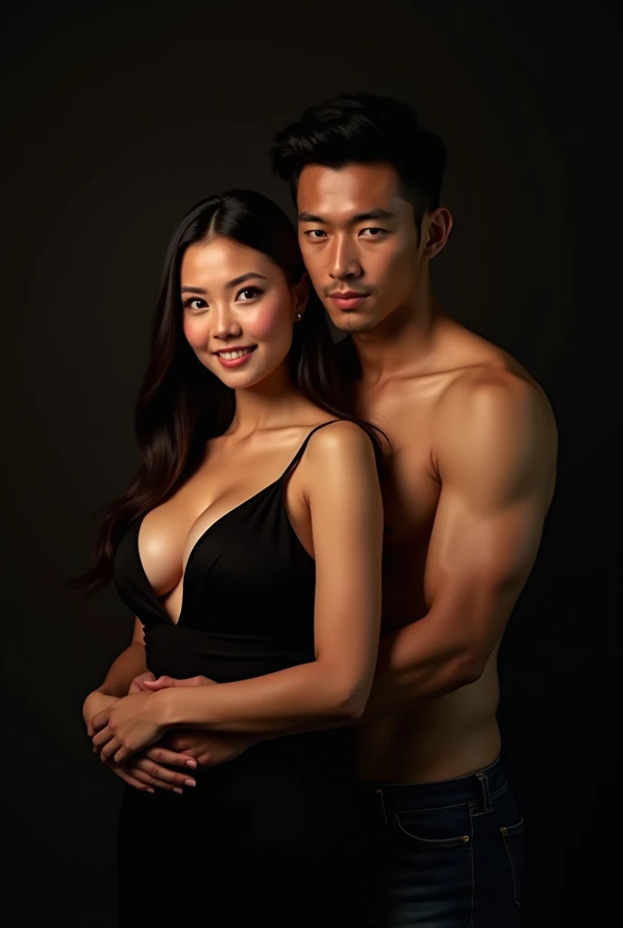 age difference couple, two shot, Male in his 60s, Female in her 30s, cheek to cheek, background is room, woman that big breasts and slender figure, Realistic teeth, double eyelids, smile, spring look, waist up shot, male grab breast female