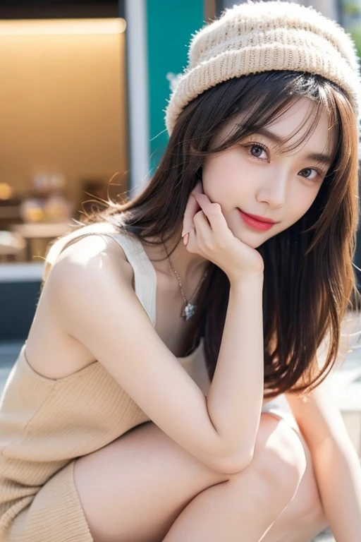 table top, highest quality, 8K, 10 years old, Ten generations, RAW photo, absurd, award winning portrait, smile, alone, idol face, Biolace, delicate girl, Upper body, Digital single-lens reflex camera, looking at the viewer, Frank, Sophisticated,thin arms, professional lighting, film grain, chromatic aberration, (Eye and face details:1.0), (Bokeh:1.1) , (white sweater:1.1) , close your mouth ,