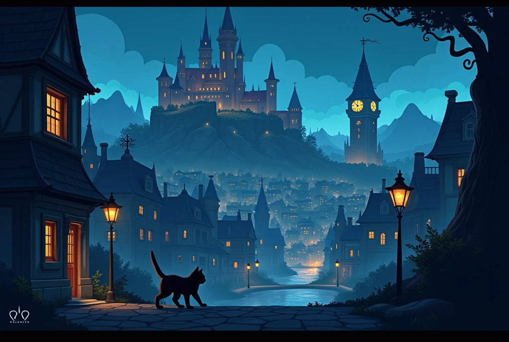 Night view of a city with a castle and clock tower ,  ,  2D side-scrolling platformer,  A cat wandering through a shadowy city 、 Concept Art Amazing Vibe ,  2D digital video game art , Inspired by Sylvain Sarail,  amazing screenshot art , Metroidvania, Faraway city, ,  game concept art style scenery 