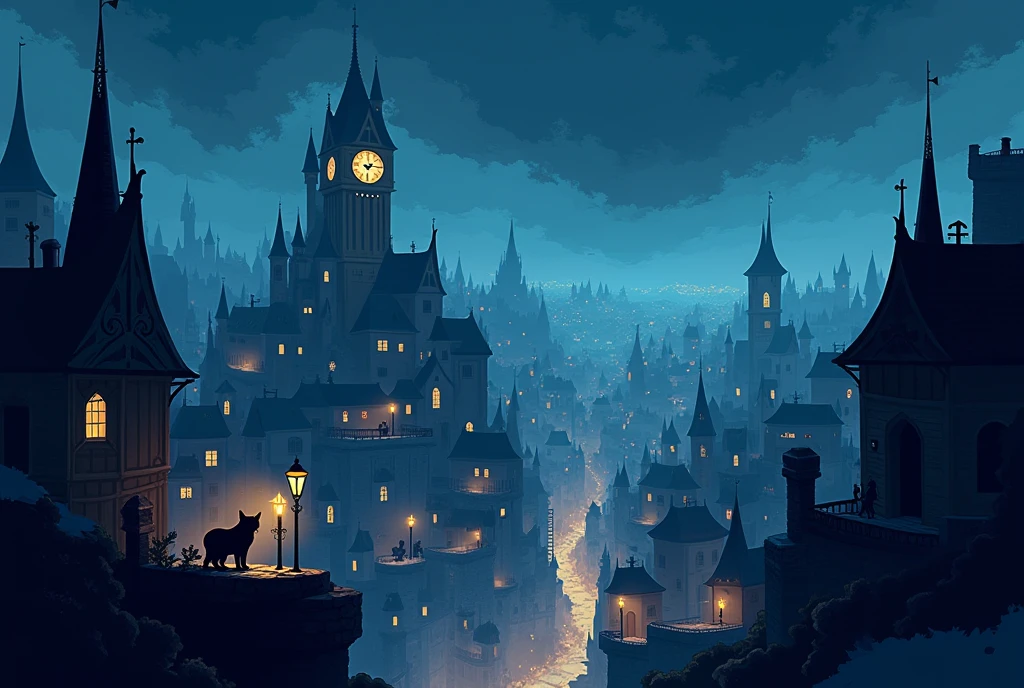 Night view of a city with a castle and clock tower ,  ,  2D side-scrolling platformer,  A cat wandering through a shadowy city 、 Concept Art Amazing Vibe ,  2D digital video game art , Inspired by Sylvain Sarail,  amazing screenshot art , Metroidvania, Faraway city, ,  game concept art style scenery 