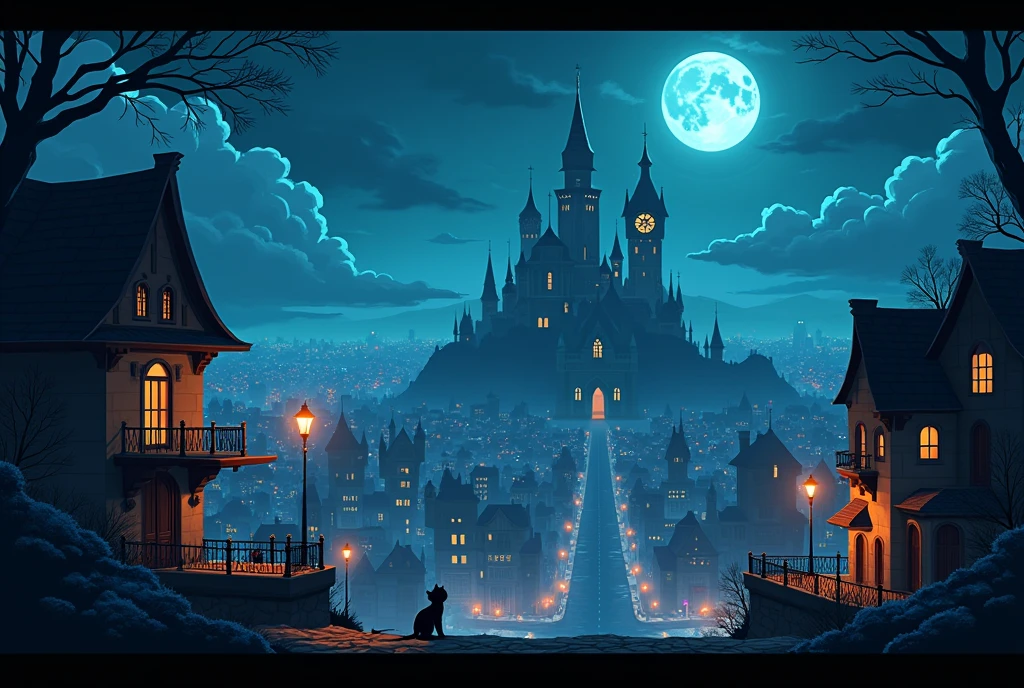 Night view of a city with a castle and clock tower ,  ,  2D side-scrolling platformer,  A cat wandering through a shadowy city 、 Concept Art Amazing Vibe ,  2D digital video game art , Inspired by Sylvain Sarail,  amazing screenshot art , Metroidvania, Faraway city, ,  game concept art style scenery 