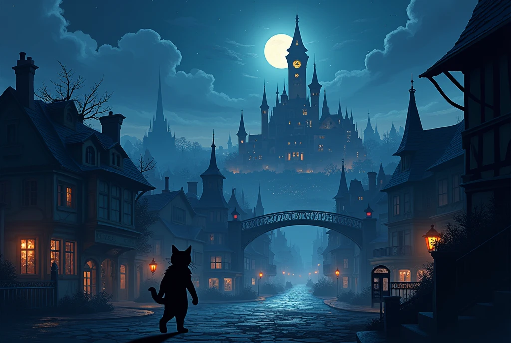 Night view of a city with a castle and clock tower ,  ,  2D side-scrolling platformer,  A cat wandering through a shadowy city 、 Concept Art Amazing Vibe ,  2D digital video game art , Inspired by Sylvain Sarail,  amazing screenshot art , Metroidvania, Faraway city, ,  game concept art style scenery 