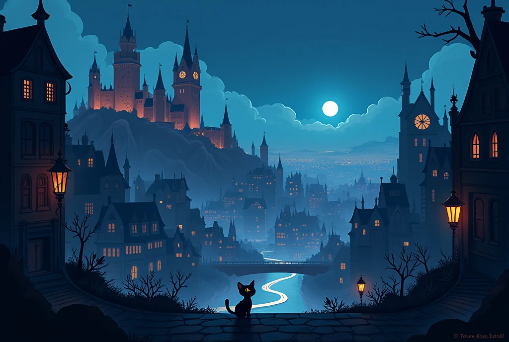 Night view of a city with a castle and clock tower ,  ,  2D side-scrolling platformer,  A cat wandering through a shadowy city 、 Concept Art Amazing Vibe ,  2D digital video game art , Inspired by Sylvain Sarail,  amazing screenshot art , Metroidvania, Faraway city, ,  game concept art style scenery 