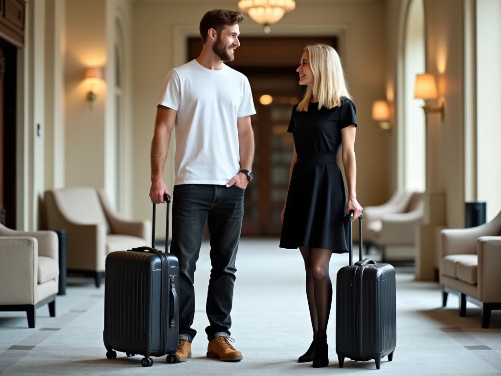 a man and woman walking through the airport walkway with suitcases, in the style of joyful and optimistic, firmin baes, cabincore, white and indigo, exotic, organic