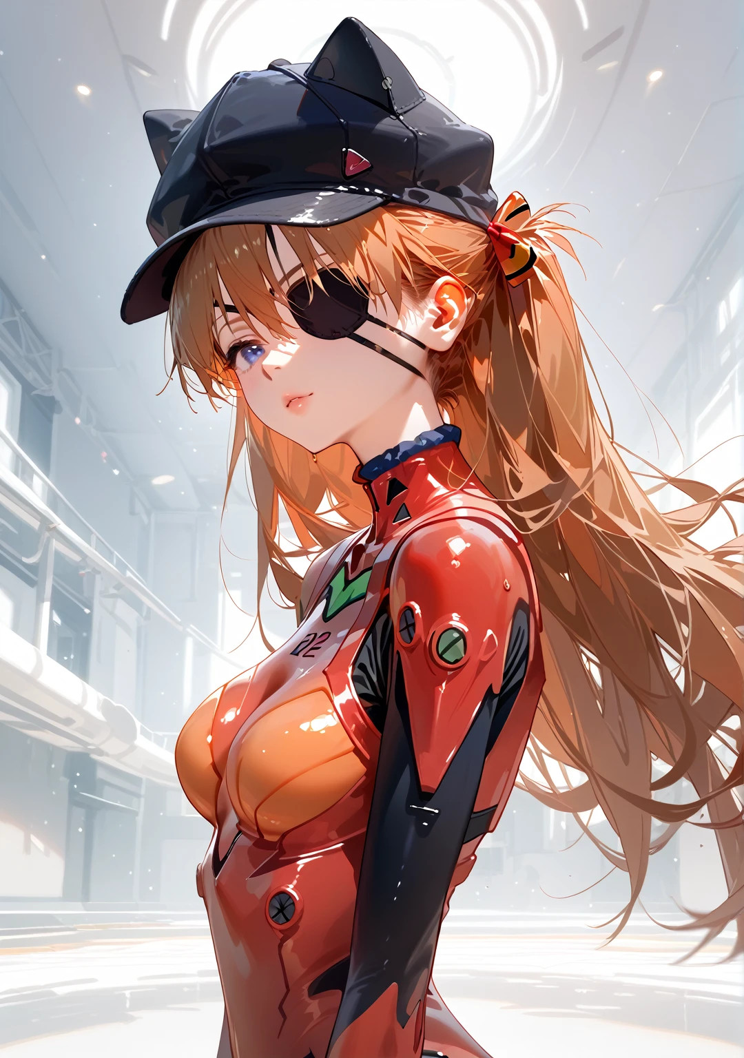  best quality,  best quality,  high quality illustrations that shrink in the air, masterpiece,  ultra high resolution,  detailed background ,  absurd, perfect anatomy,  performance , Good lighting,  Shadows in the Movies,  1 girl, Alone,  Neon Genesis Evangelion: New Movie Edition、  Shikinami Asuka Langley、Red plug suit、Eye patch、( Cat hat、black)、beautiful、