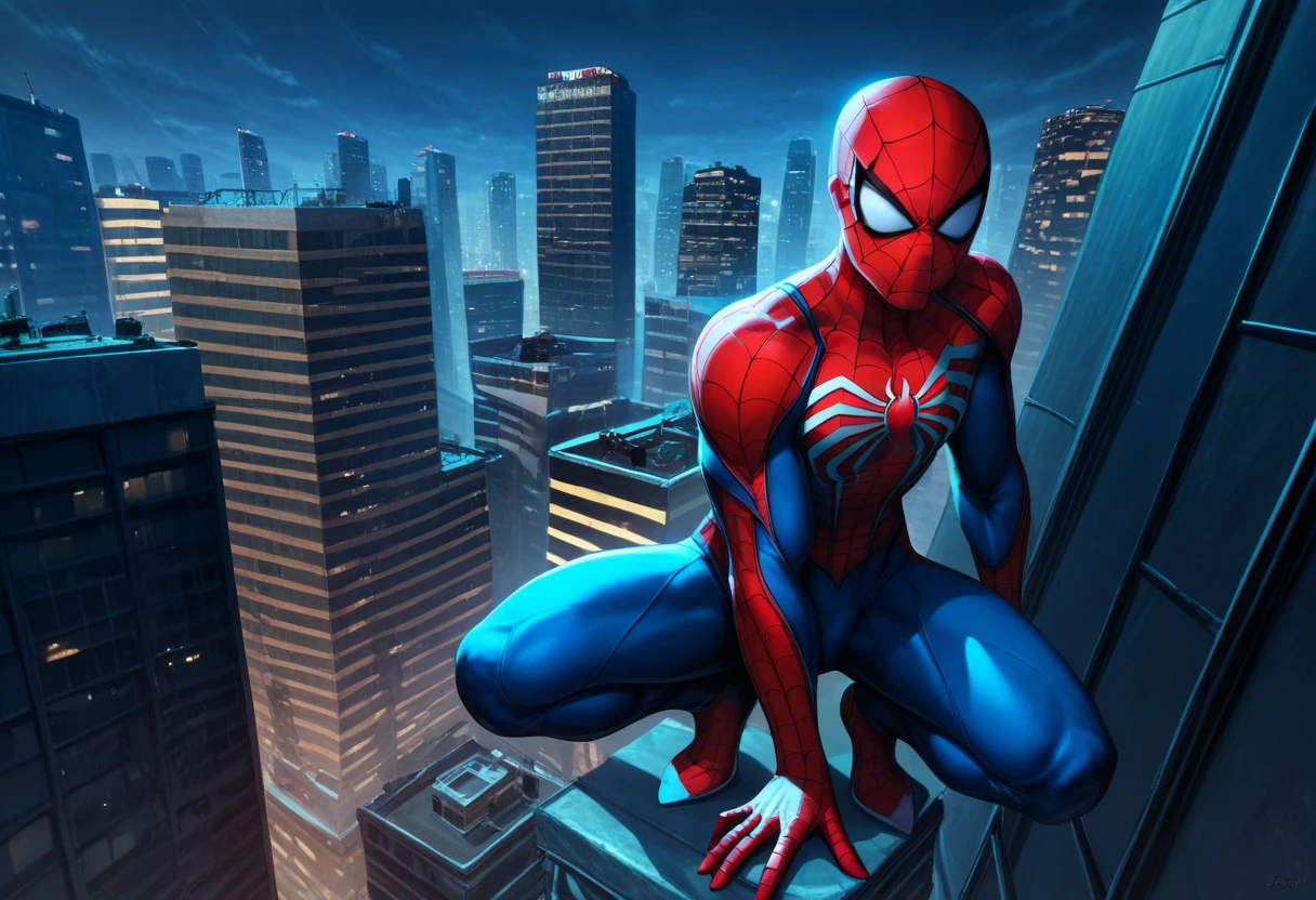 score_9, score_8_up, score_7_up, spiderman, marvel comic character, squatting on the roof edge of a skyscraper, view from above, detailed spider web, cityscape background, dramatic lighting, cinematic composition, ultra detailed, cinematic lighting, dramatic shadows, vibrant colors, digital painting